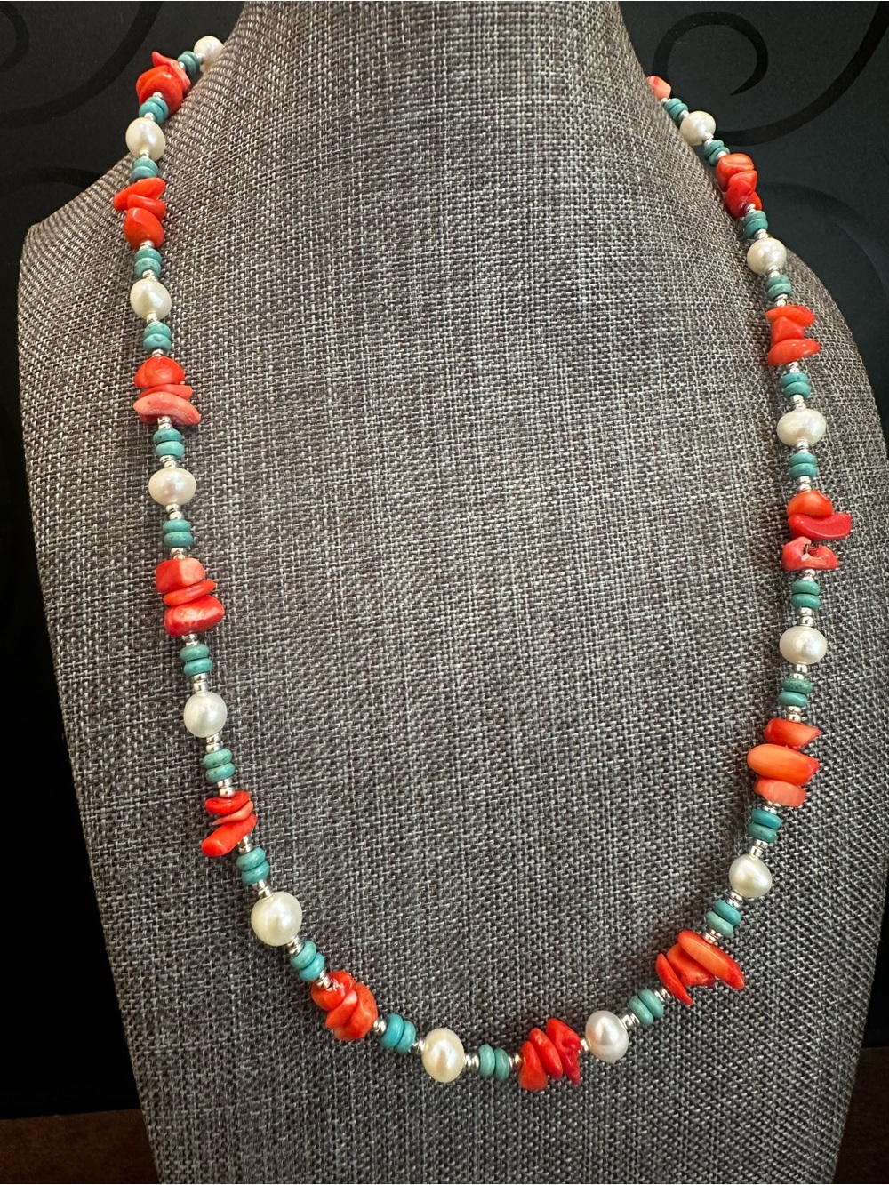 Handmade Coral, Turquoise & Pearl Beaded Necklace - Women Jewelry